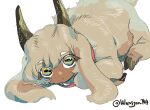  1other :3 closed_mouth dark_skin goat highres horizontal_pupils horns human_head looking_at_viewer monster monster_boy original shima_(wansyon144) simple_background sparkling_eyes twitter_username white_background yellow_eyes 