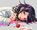  1boy bangs blush checkered checkered_neckwear checkered_scarf dangan_ronpa food food_on_face fork fruit grey_background hair_between_eyes holding holding_fork long_sleeves lying male_focus new_dangan_ronpa_v3 on_stomach ouma_kokichi purple_hair renshu_usodayo scarf simple_background solo straitjacket strawberry tongue tongue_out upper_body violet_eyes whipped_cream 