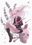  1girl bangs black_footwear black_gloves black_jacket black_ribbon blush bone boots box braid criis-chan dangan_ronpa dangan_ronpa_1 eyebrows_visible_through_hair floating_hair gloves hair_ornament hair_ribbon holding holding_box jacket kirigiri_kyouko knee_boots long_hair long_sleeves looking_at_viewer necktie pleated_skirt purple_hair ribbon shirt side_braid single_braid skirt skull solo symbol_commentary twitter_username violet_eyes white_shirt 