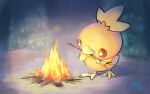  bonfire commentary_request dated fire gen_3_pokemon looking_down mouth_hold no_humans null_suke pokemon pokemon_(creature) solo standing stick torchic yellow_fur 