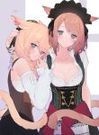  2girls animal_ears braid braided_ponytail breasts brown_hair cat_ears cat_tail detached_sleeves eyebrows_visible_through_hair facial_mark final_fantasy final_fantasy_xiv green_eyes highres miqo&#039;te multiple_girls ron_(illro) short_hair tail whisker_markings 