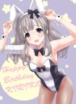  1girl :d animal_ears arms_up bangs bare_shoulders black_bow blush bow brown_legwear character_name collar collarbone commentary_request detached_collar eyebrows_visible_through_hair fake_animal_ears grey_hair hairband happy_birthday highres holding_ears idolmaster idolmaster_shiny_colors leaning_forward long_hair looking_at_viewer neko_danshaku open_mouth pantyhose purple_background rabbit_ears smile solo starry_background twintails violet_eyes white_collar white_hairband wing_collar wrist_cuffs yuukoku_kiriko 