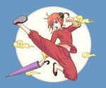  1girl bangs black_footwear blue_eyes bun_cover chinese_clothes closed_umbrella gintama hair_between_eyes holding holding_umbrella kagura_(gintama) kicking navel orange_hair pants purple_umbrella red_pants sjw_kazuya slippers solo teeth umbrella 