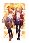  2girls bangs beige_jacket black_legwear blonde_hair blush blush_stickers boots braid breasts cis05 contemporary fate/apocrypha fate/grand_order fate_(series) french_braid fur_trim gareth_(fate/grand_order) green_eyes grin hair_ornament hair_scrunchie jacket long_hair long_sleeves mordred_(fate) mordred_(fate)_(all) multiple_girls open_clothes open_jacket parted_bangs ponytail red_jacket red_scrunchie scarf scrunchie shirt short_hair shorts sidelocks skirt small_breasts smile white_shirt 