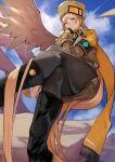  1girl absurdres black_footwear black_gloves black_legwear blonde_hair blue_eyes blue_sky boots closed_mouth clouds cloudy_sky commentary_request crossed_legs day fingerless_gloves fur_hat gloves guilty_gear guilty_gear_xrd hat highres knee_boots lips long_hair long_sleeves looking_at_viewer millia_rage outdoors pantyhose simple_background single_wing sitting skirt sky solo ushanka wings yoshio_(55level) 