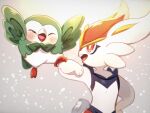  blush chitozen_(pri_zen) cinderace closed_eyes commentary_request gen_7_pokemon gen_8_pokemon hand_on_hip hand_up looking_to_the_side open_mouth pokemon pokemon_(creature) red_eyes rowlet tongue 