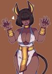  1girl :d :p animal_ears bangs bare_shoulders blunt_bangs bob_cut bracelet breasts brown_eyes brown_hair covered_eyes covered_nipples dark_skin dark-skinned_female dress egyptian_clothes extra_eyes freckles hair_over_eyes highres jackal_ears jewelry jitome large_breasts looking_at_viewer medium_hair mole mole_on_breast ninelean open_mouth original pelvic_curtain sash smile solo standing symbol_commentary tail tongue tongue_out white_dress 