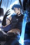  1boy abs alternate_costume alternate_weapon blue_hair bodypaint choker closed_mouth cowboy_shot crescent_necklace cu_chulainn_(fate)_(all) cu_chulainn_(fate/prototype) earrings fate/prototype fate_(series) gloves glowing highres holding holding_weapon hoop_earrings jewelry male_focus navel outdoors pants ponytail red_eyes ribbed_shirt runes shiny shirt sleeveless sleeveless_shirt smile solkorra solo spiky_hair stone sword tree type-moon weapon 