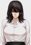  1girl arms_at_sides bangs black_hair blurry blurry_background blush breasts buttons character_request chromatic_aberration closed_mouth collared_shirt commentary_request copyright_request depth_of_field dress_shirt eyebrows_visible_through_hair film_grain grey_background grey_eyes hair_between_eyes highres hoshi_san_3 large_breasts lips long_hair long_sleeves looking_at_viewer messy_hair mole mole_under_eye mole_under_mouth nose nostrils office_lady shirt shirt_tucked_in simple_background skirt solo thick_eyebrows upper_body white_shirt wing_collar 