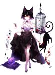  1girl animal_ears artist_name bangs bare_arms bare_shoulders birdcage black_cat black_hair black_skirt cage card cat cat_ears clothing_cutout commentary crossed_legs crystal_ball full_body hair_between_eyes highres original red_eyes sheya shirt short_hair shoulder_cutout signature simple_background skirt skirt_hold skull solo standing watson_cross white_background white_shirt 