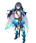  1girl bangs belt blue_bodysuit blue_eyes blue_hair bodysuit bodysuit_under_clothes boots cape closed_mouth detached_sleeves dress falchion_(fire_emblem) fingerless_gloves fire_emblem fire_emblem_awakening fire_emblem_heroes full_body gloves gradient gradient_cape gradient_clothes hand_on_own_chest hands_on_hips highres himukai_yuuji jewelry lips long_hair lucina_(fire_emblem) official_art ribbed_bodysuit sheath shiny shiny_hair shiny_skin short_dress skin_tight solo sword thigh-highs thigh_boots tiara transparent_background weapon 