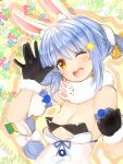  1girl :d animal_ear_fluff animal_ears black_gloves blue_hair bra braid breasts colored don-chan_(usada_pekora) gloves hand_up head_tilt highres hololive looking_at_viewer nanashi_(nlo) one_eye_closed open_mouth orange_eyes pom_pom_(clothes) rabbit_ears ribbon round_teeth small_breasts smile solo strapless strapless_bra teeth twin_braids underwear upper_body upper_teeth usada_pekora virtual_youtuber waving white_hair 