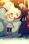  1boy 1girl ainu_clothes archer bangs bear black_bodysuit blonde_hair blush bodysuit bow brown_eyes cis05 dark_skin dark_skinned_male fate/grand_order fate/stay_night fate_(series) fingerless_gloves gloves hairband leg_warmers long_hair long_sleeves open_mouth polar_bear purple_bow purple_hairband purple_scarf red_eyes scarf shirou_(fate/grand_order) short_hair shrug_(clothing) sitonai smile snowman waist_cape white_hair wide_sleeves 