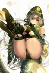  1girl arknights ass bangs bare_arms black_footwear black_legwear blurry boots brown_eyes depth_of_field dress feet_up fingerless_gloves full_body gloves goggles goggles_around_neck green_dress green_hood green_panties grey_hair highres legs_up long_hair maronmokaet panties petals simple_background solo thigh-highs thighs tomimi_(arknights) torn_clothes torn_legwear tree_branch underwear white_background 