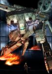  1boy blurry blurry_background cyborg fire gray_fox highres joy_(cyber_x_heaven) looking_down looking_up mecha metal_gear_(series) metal_gear_rex metal_gear_solid military science_fiction shoulder_cannon size_difference skating solo_focus standing 