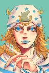  1boy absurdres aqua_background blonde_hair blue_eyes blue_lips blue_nails hand_up hat highres horseshoe johnny_joestar jojo_no_kimyou_na_bouken long_hair long_sleeves looking_at_viewer signature solo star_(symbol) star_print staryoruu steel_ball_run 