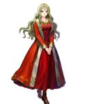  1girl asatani_tomoyo bangs black_footwear black_legwear blonde_hair breasts circlet collarbone detached_sleeves dress fire_emblem fire_emblem:_the_binding_blade fire_emblem_heroes full_body green_eyes guinevere_(fire_emblem) hands_together highres jewelry long_dress long_hair long_skirt long_sleeves looking_at_viewer medium_breasts necklace official_art pantyhose parted_bangs red_dress shiny shiny_hair simple_background skirt solo standing transparent_background 