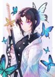  1girl absurdres bangs black_hair black_shirt blue_butterfly blurry_foreground breasts bug butterfly butterfly_hair_ornament collared_shirt eyebrows_visible_through_hair facing_to_the_side hair_intakes hair_ornament haori highres holding holding_weapon insect japanese_clothes katana kimetsu_no_yaiba kochou_shinobu long_sleeves looking_at_viewer neon_(hhs9444) parted_bangs shirt short_hair sidelocks simple_background smile solo sword violet_eyes weapon 