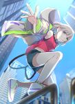  1girl absurdres bare_legs blue_eyes blue_shorts blue_sky building commentary_request grey_hair grin guard_rail highres hood hooded_jacket idolmaster idolmaster_shiny_colors jacket jumping long_sleeves looking_at_viewer looking_down open_clothes open_jacket perspective red_shirt serizawa_asahi shirt shoes short_hair short_shorts shorts sky skyscraper sleeveless sleeveless_shirt smile sneakers solo suspender_shorts suspenders yoi_r 
