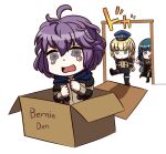  3girls ahoge bangs bernadetta_von_varley black_footwear black_jacket black_skirt blonde_hair blue_eyes blue_hair boots box byleth_(fire_emblem) byleth_eisner_(female) cardboard_box chibi commentary_request crying crying_with_eyes_open eyebrows_visible_through_hair fire_emblem fire_emblem:_three_houses garreg_mach_monastery_uniform green_eyes grey_eyes hair_between_eyes hat ingrid_brandl_galatea jacket long_hair long_sleeves looking_at_viewer multiple_girls open_mouth peaked_cap pointing police_hat purple_hair riyo_(lyomsnpmp)_(style) short_hair simple_background skirt tears very_long_hair white_background will_(willanator93) 