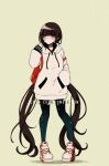  1girl absurdly_long_hair alternate_costume backpack bag bandaid bandaid_on_face bangs blunt_bangs brown_hair casual closed_mouth collarbone commentary criis-chan dangan_ronpa full_body hand_up harukawa_maki hood hood_down hoodie long_hair long_sleeves mole mole_under_eye new_dangan_ronpa_v3 pantyhose red_bag red_eyes shoes simple_background sneakers solo space_print standing starry_sky_print twitter_username very_long_hair white_hoodie 