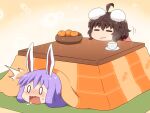  /\/\/\ 2girls :3 ahoge animal_ears bowl brown_hair closed_eyes cup food fruit inaba_tewi kotatsu long_hair multiple_girls orange purple_hair rabbit_ears reisen_udongein_inaba shirosato sitting table touhou 