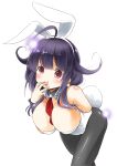  1girl absurdres ahoge animal_ears between_breasts black_legwear breasts bunny_tail cowboy_shot detached_collar hair_flaps highres kantai_collection large_breasts leaning_forward leotard looking_at_viewer low_twintails necktie pantyhose playboy_bunny purple_hair rabbit_ears red_eyes red_neckwear simple_background solo strapless strapless_leotard taigei_(kantai_collection) tail taisinkoku tongue tongue_out twintails white_background white_leotard wrist_cuffs 