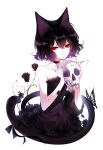  1girl animal_ears artist_name bangs bare_arms bare_shoulders black_choker black_dress black_flower black_hair black_rose blood bug butterfly cat cat_ears cat_girl cat_tail choker collarbone commentary crescent_moon dress flower glowing glowing_eyes gothic hair_between_eyes highres holding holding_skull insect looking_at_viewer moon nail_polish original pale_skin red_eyes red_nails rose sheya short_hair signature simple_background skull smile solo strapless strapless_dress tail white_background 