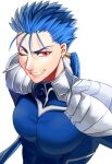  1boy armor asakou_(n_morninglight) blue_bodysuit blue_hair bodysuit cu_chulainn_(fate)_(all) earrings fate/stay_night fate_(series) grin hair_strand highres jewelry lancer long_hair looking_at_viewer low_ponytail male_focus one_eye_closed pauldrons ponytail red_eyes shoulder_armor simple_background smile solo spiky_hair upper_body white_background 