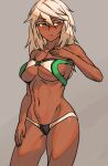  1girl bikini blush breasts closed_mouth contrapposto cowboy_shot dark_skin dark-skinned_female fingernails grey_background guilty_gear guilty_gear_xrd hair_between_eyes hand_up large_breasts long_hair navel nose_blush orange_eyes ramlethal_valentine revision solo swimsuit white_hair zakusi 