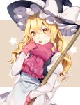  1girl :o apron black_vest blonde_hair bow broom cowboy_shot gloves hair_between_eyes hat hat_bow highres jill_07km juliet_sleeves kirisame_marisa light_blush long_hair long_sleeves looking_at_viewer open_mouth pink_gloves pink_scarf puffy_sleeves scarf shirt solo surprised touhou upper_teeth vest waist_apron wavy_hair white_bow white_shirt witch witch_hat yellow_eyes 