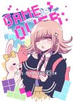  1girl :o backpack bag bangs black_jacket black_shirt blush breasts collared_shirt criis-chan dangan_ronpa flipped_hair game_over hair_ornament hairclip handheld_game_console high-waist_skirt jacket light_brown_hair long_sleeves looking_at_viewer medium_breasts monomi nanami_chiaki neck_ribbon one_eye_closed open_mouth pink_eyes pink_ribbon playstation_portable ribbon shiny shiny_hair shirt shirt_tucked_in skirt sleeves_past_wrists solo super_dangan_ronpa_2 symbol_commentary twitter_username two-tone_shirt upper_teeth 