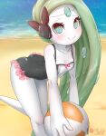  1girl aqua_eyes artist_name ball bare_shoulders beach beachball black_swimsuit blush bow breasts closed_mouth clothed_pokemon collarbone commentary english_commentary gen_5_pokemon green_hair holding holding_ball holding_beachball leaning_forward long_hair looking_at_viewer meloetta mythical_pokemon ocean original patreon_username pink_bow pokemon rilex_lenov small_breasts smile solo standing standing_on_one_leg swimsuit very_long_hair white_skin 