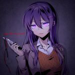  1girl bangs commentary_request doki_doki_literature_club english_text eyebrows_visible_through_hair grey_jacket hair_between_eyes hair_ornament hairclip jacket knife long_hair long_sleeves looking_at_viewer nan_(gokurou) open_clothes open_jacket parted_lips purple_hair red_ribbon ribbon school_uniform simple_background smile solo twitter_username upper_body violet_eyes wing_collar yuri_(doki_doki_literature_club) 