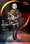  1girl a agent_vector_(girls_frontline) bag boots chinese_commentary chinese_text coat crossover duffel_bag english_text fingerless_gloves gas_mask girls_frontline gloves grey_hair gun holding holding_gun holding_weapon knee_pads kriss_vector miniskirt official_art radio short_hair skirt solo submachine_gun thigh-highs tom_clancy&#039;s_the_division trigger_discipline watch watch weapon 
