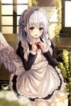  1girl absurdres alternate_costume apron blue_hair blush enmaided highres indoors kishin_sagume kure:kuroha legs looking_at_viewer maid maid_apron maid_cafe maid_headdress open_mouth red_eyes short_hair sidelocks solo standing thighs touhou wings 