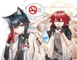  2girls absurdres animal_ear_fluff animal_ears arknights bangs black_gloves black_hair bottle brown_eyes cigarette elbow_gloves exusiai_(arknights) fingerless_gloves fur-trimmed_jacket fur_trim gloves grey_shirt halo highres holding holding_cigarette hood hood_up hooded_jacket huge_filesize id_card jacket long_sleeves multicolored_hair multiple_girls no_smoking no_symbol nose_pinch open_clothes open_jacket raglan_sleeves red_eyes red_gloves redhead rivet_vvrn shirt short_hair speech_bubble spray_bottle spraying streaked_hair texas_(arknights) upper_body white_jacket wolf_ears 