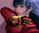  1girl absurdres bangs blue_hair booger_wang breasts close-up gloves hair_ornament highres kula_diamond looking_at_viewer medium_breasts simple_background the_king_of_fighters turtleneck violet_eyes zipper 