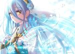  1girl azura_(fire_emblem) bangs blue_hair bracelet elbow_gloves fire_emblem fire_emblem_fates flower gloves hair_flower hair_ornament headdress highres jewelry long_hair looking_at_viewer mildmild1311 necklace smile solo swept_bangs water water_drop yellow_eyes 