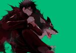  1boy animal bangs basara_masa black_hair black_jacket black_pants claws drooling familiar feet_out_of_frame fushiguro_megumi gakuran green_background green_eyes grin hair_between_eyes hands_clasped hands_up high_collar jacket jujutsu_kaisen leg_up long_sleeves looking_away male_focus open_mouth own_hands_together pants school_uniform signature simple_background smile solo spiky_hair wolf 