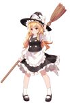  1girl apron blonde_hair blush bow braid broom double_bun frilled_skirt frills hand_on_hip hat highres holding holding_broom kirisame_marisa long_hair pigeon-toed short_hair side_braid single_braid skirt smile solo touhou white_bow witch_hat youren_ljun 