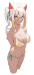  1girl absurdres animal_ears arms_behind_back bangs bikini blue_eyes blue_ribbon blush breasts cloba collarbone commentary_request dark_skin drill_hair extra_ears eyebrows_visible_through_hair hair_ribbon highres large_breasts long_hair looking_at_viewer mismatched_bikini navel original puckered_lips ribbon side-tie_bikini sidelocks signature simple_background solo swimsuit white_background white_bikini white_hair 