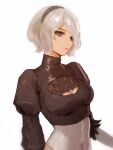  1girl black_eyes breasts cleavage_cutout clothing_cutout covered_navel eyebrows_behind_hair gloves hairband highres juliet_sleeves leotard long_sleeves looking_at_viewer mask mask_removed nier_(series) nier_automata ombre_t puffy_sleeves short_hair small_breasts solo turtleneck white_background white_gloves white_hair white_hairband white_leotard yorha_no._2_type_b 