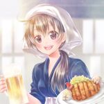  1girl :d alcohol apron beer beer_mug black_hair brown_eyes cup food hinahiyo1014 holding holding_cup indoors isekai_izakaya_&quot;nobu&quot; japanese_clothes looking_at_viewer mug open_mouth plate samue senke_shinobu smile upper_body waist_apron waitress white_headwear 