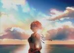  1girl backlighting blonde_hair breasts clouds fiora_(xenoblade) fuwamoko_momen_toufu green_eyes highres horizon looking_at_viewer medium_breasts ocean short_hair smile solo sunset upper_body xenoblade_chronicles xenoblade_chronicles_(series) 