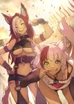  2girls animal_ear_fluff animal_ears armlet belt black_legwear blurry blurry_background braid breasts cat_ears cat_tail closed_eyes garter_belt halter_top halterneck heterochromia hide_(hideout) highres leaning_forward long_hair medium_breasts multicolored_hair multiple_girls navel open_mouth original pink_hair redhead scar sharp_teeth short_shorts shorts smile tail teeth thigh-highs twin_braids two-tone_hair under_boob whisker_markings wrist_guards 