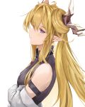  1girl absurdres arknights bangs bare_shoulders blonde_hair eyebrows_visible_through_hair from_side highres horns leizi_(arknights) long_hair looking_at_viewer simple_background solo upper_body uzurako violet_eyes white_background 