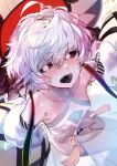  1girl air_bubble akieda bangs bare_shoulders black_sclera blush breasts bubble collarbone detached_sleeves eyelashes fate/grand_order fate_(series) highres long_sleeves looking_at_viewer open_mouth puffy_long_sleeves puffy_sleeves short_hair small_breasts teeth van_gogh_(fate) white_eyes white_hair white_skin 