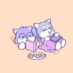  :3 absurdres apple_slice artist_name autumn blanket closed_eyes dog food fruit highres holding husky lying no_humans olivia_(shkm2443) on_back on_stomach orange_background original persimmon plate reading resting simple_background sleeping thick_eyebrows tongue tongue_out wolf 