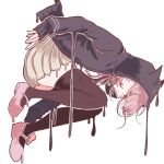  animal_hood black_hoodie black_legwear cat_hood commentary dangan_ronpa full_body hood hood_up hoodie kiri_(2htkz) long_sleeves looking_down melting nanami_chiaki necktie pink_eyes pink_footwear pink_hair pink_neckwear profile shirt short_hair simple_background skirt sleeves_past_wrists super_dangan_ronpa_2 thigh-highs white_background white_shirt yellow_skirt 